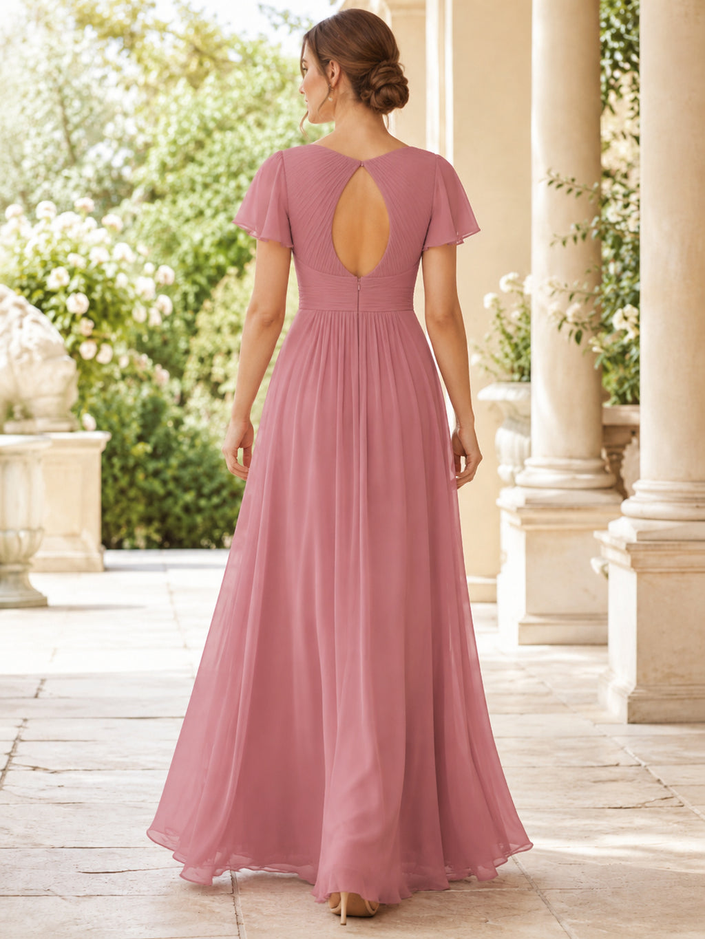 Dusty Rose V-neck Chiffon Keyhole Back A-Line Gown back view