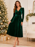 Dark Green Wrap V-Neck Long Sleeve Belted Velvet A-Line Tea Length Christmas Dress front view