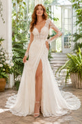 Ivory Sexy V-Neck Mermaid Draped Satin Lace Wedding Dress with One Long Lace Sleeve and Sweep Train front view