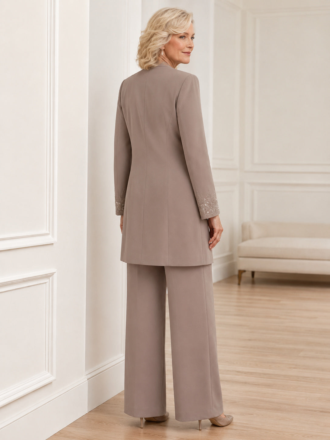 Taupe Mother Jumpsuit with Jewel Neck Long Tailored Jacket and Wide Leg Pants back view