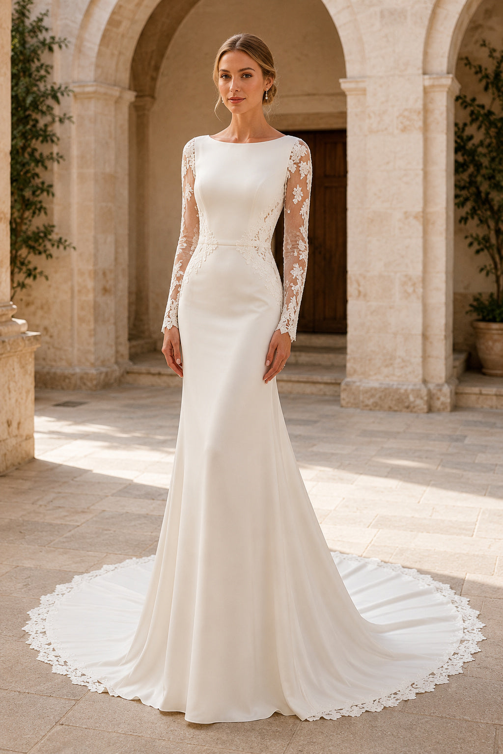 Bateau Long Sleeve Sheath Wedding Dress with Lace Sleeves and Round Sweep Train for Beach Garden Ceremony front view