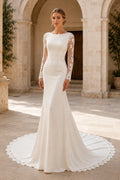 Bateau Long Sleeve Sheath Wedding Dress with Lace Sleeves and Round Sweep Train for Beach Garden Ceremony front view