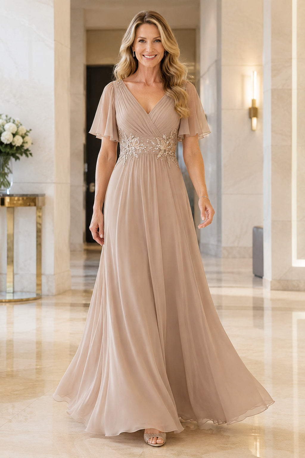 Champagne V-Neck Chiffon A-Line Mother Dress with Lace Appliqued Waist front view