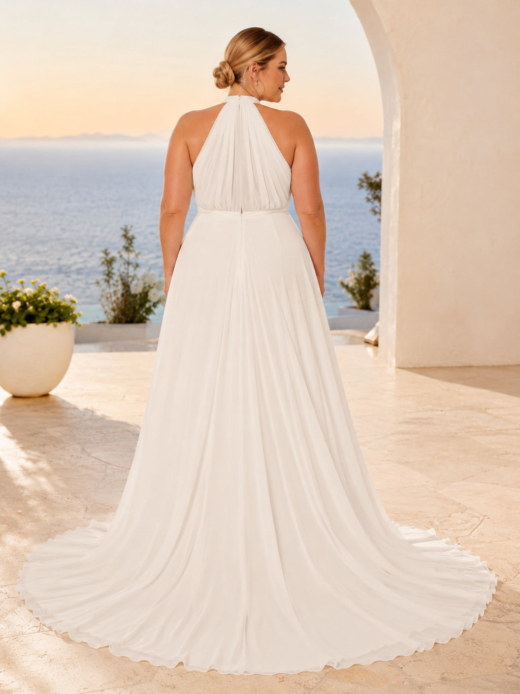 Plus Size Chiffon Wedding Dress A-Line Halter Sleeveless Sweep Train Bridal Gown back view
