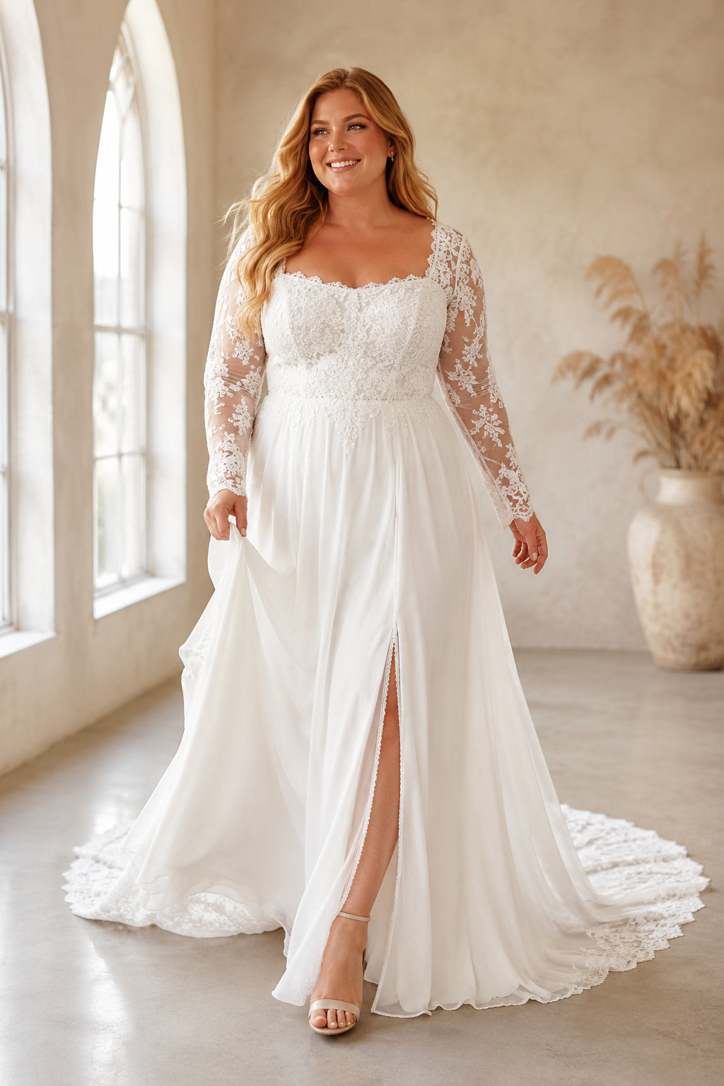 Plus Size Ivory Sweetheart V-Neck Bishop Sleeve Lace Tulle A-Line Wedding Dress with Split Front Skirt and Bishop Sleeves fro