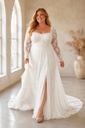Plus Size Ivory Sweetheart V-Neck Bishop Sleeve Lace Tulle A-Line Wedding Dress with Split Front Skirt and Bishop Sleeves fro