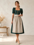 Minimal Dark Green Satin Trachten Dress Tea Length Square Puff Sleeve Apron front view