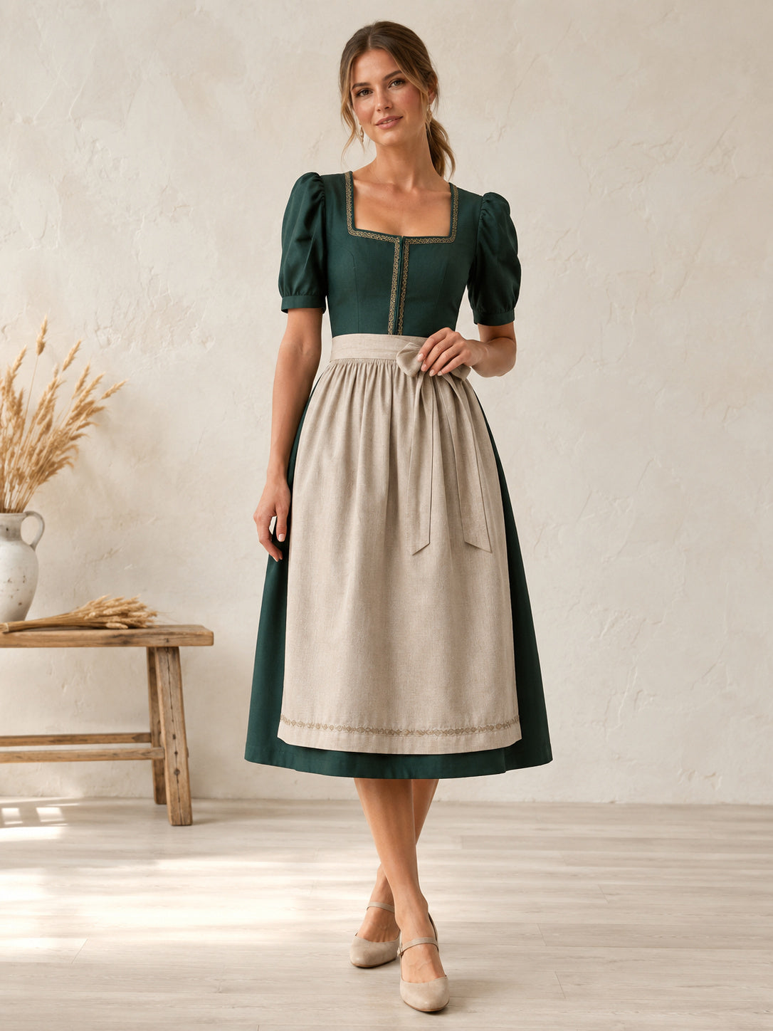 Minimal Dark Green Satin Trachten Dress Tea Length Square Puff Sleeve Apron front view