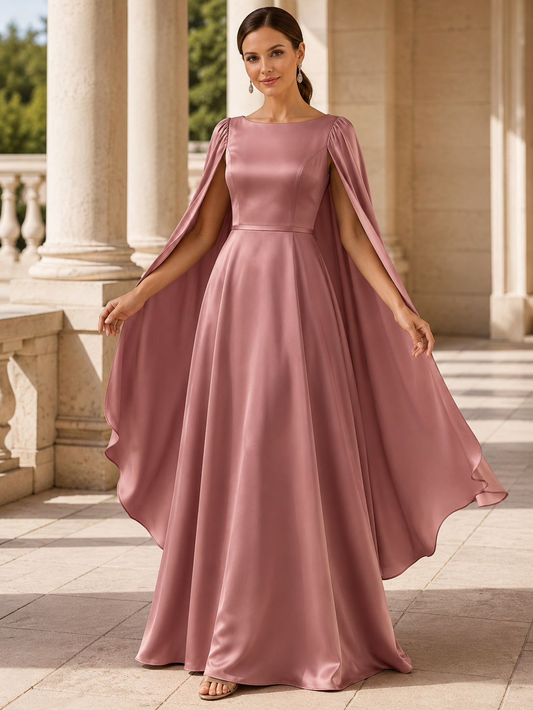 Dusty Rose Satin Cape Sleeve A-Line Evening Gown front view