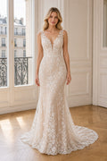 White Scoop Three-Quarter Sleeves A-Line Crepe Floor-length Wedding Dress With Sweep Train and Open Back and Open Back Lace Hem Detail