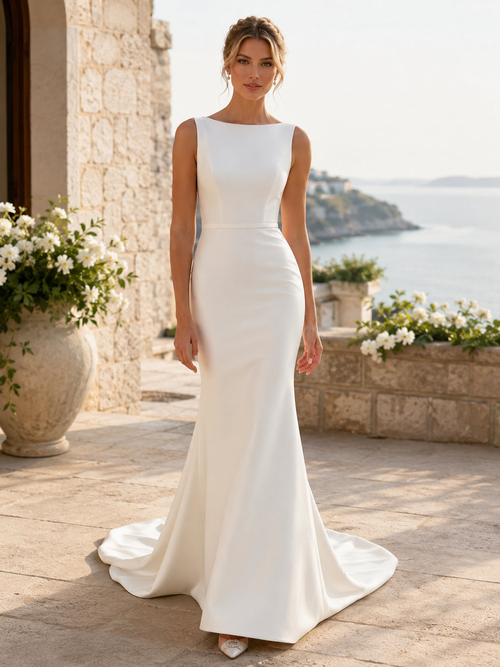 Minimalist Stretch Satin Wedding Dress Mermaid Bateau Neck Sleeveless Sweep Train Bridal Gown front view