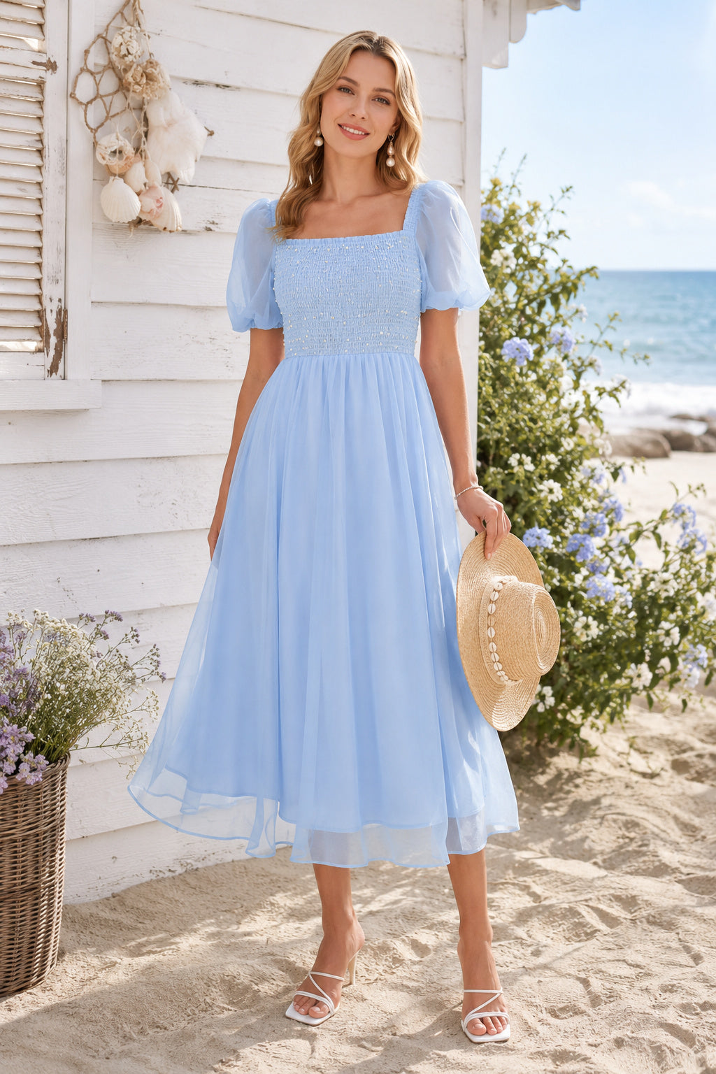 Sky Blue Square Neck Puff Sleeve Simple Tulle Skirt Tea Length A-Line Bridesmaid Dress front view