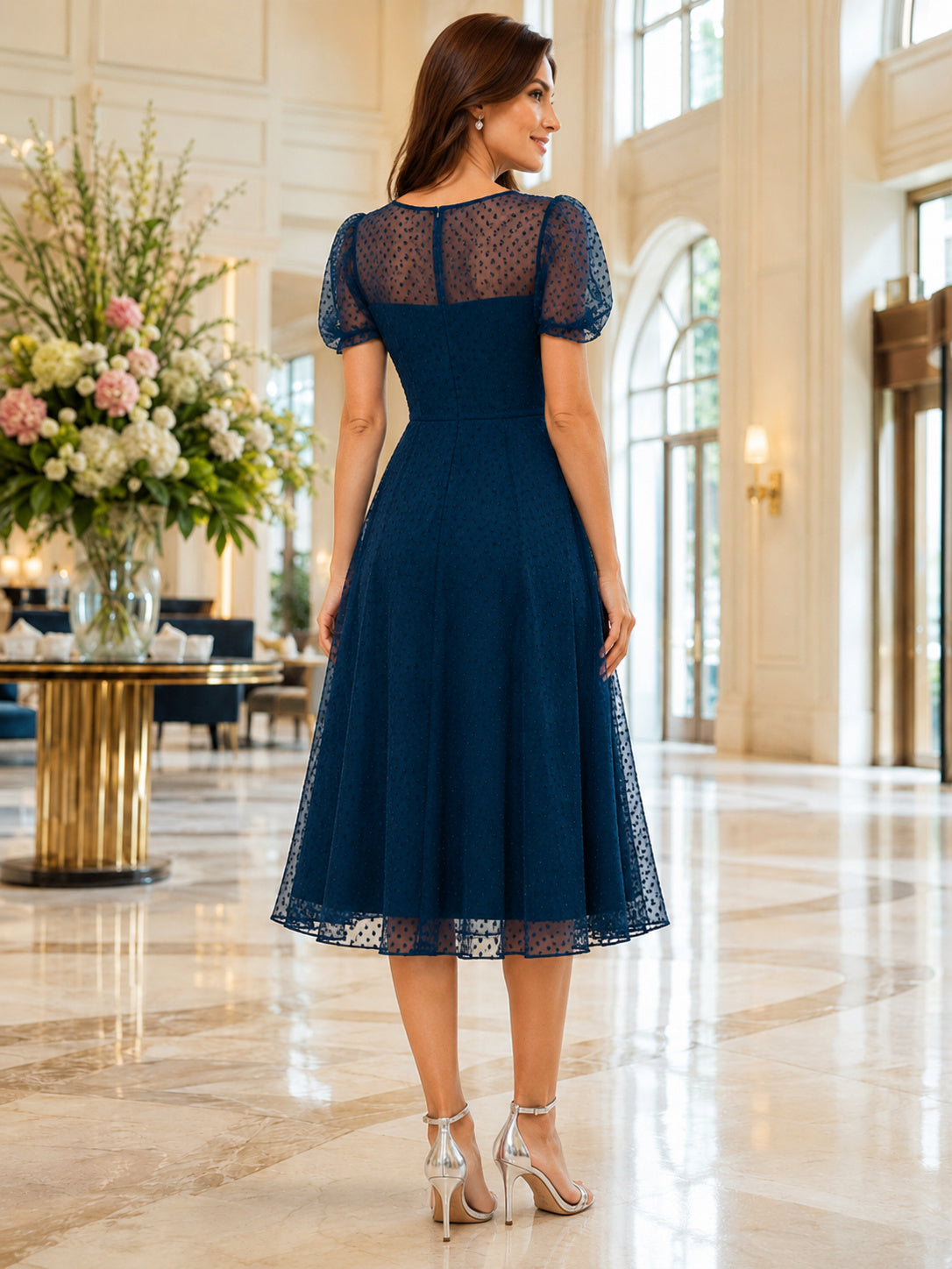 Dark Navy Illusion Mesh Overlay Tea-Length Dress back view