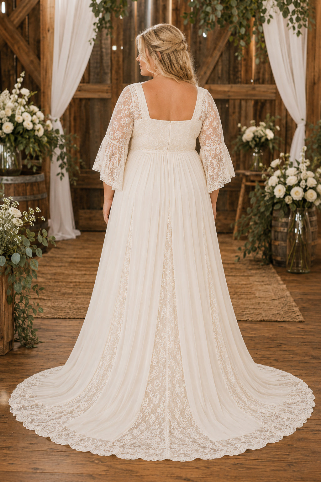 Ivory Plus Size Maternity Square Neck Flutter Sleeve Lace A-Line Wedding Dress with Train back view