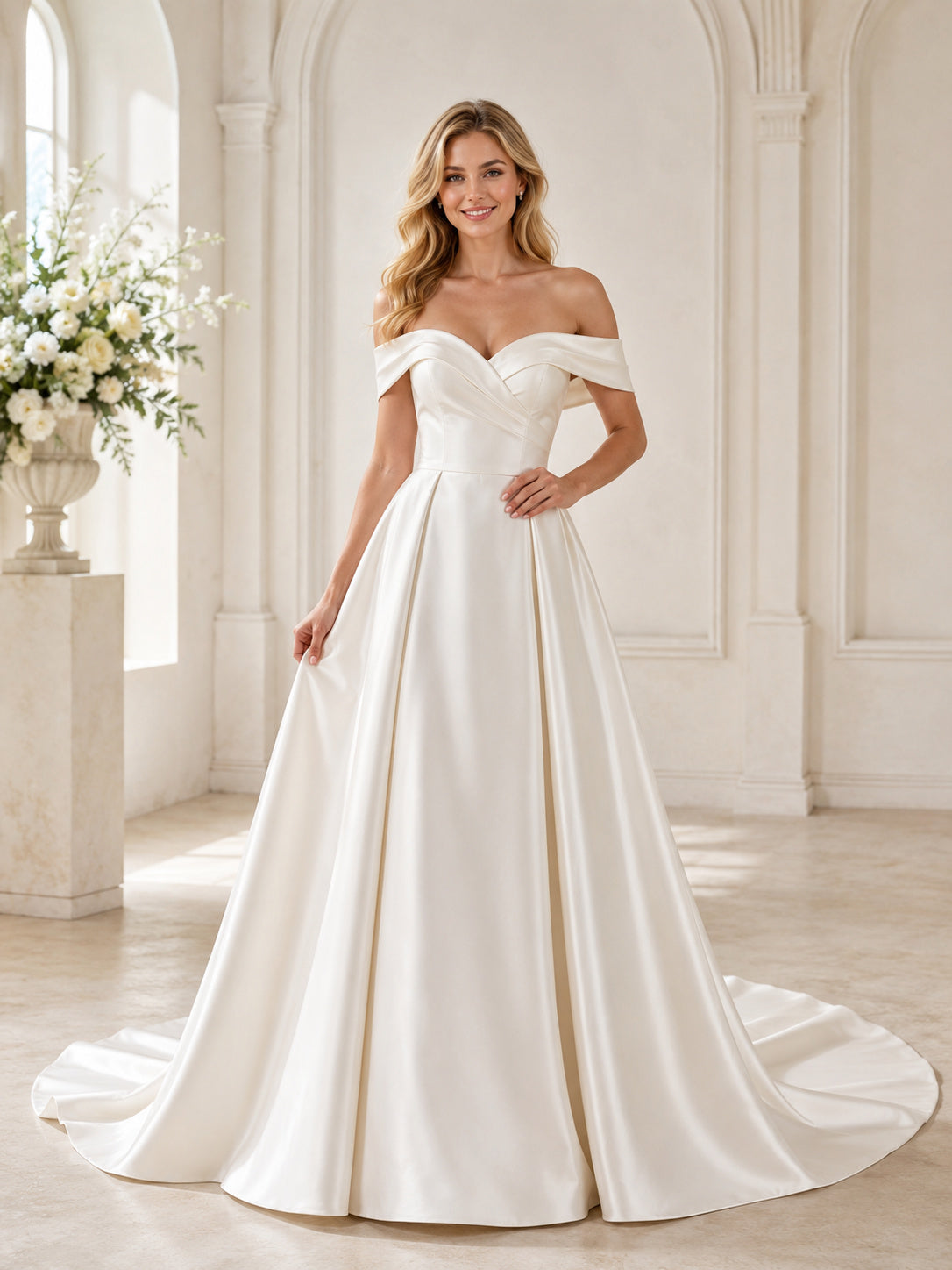 Elegant Off Shoulder Satin Wedding A Line Short Sleeve Chapel Train front view