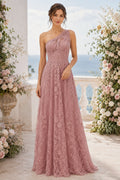 Dusty Rose One-Shoulder Lace A-Line Formal Dress with Floral Applique and Floor Length Skirt front view