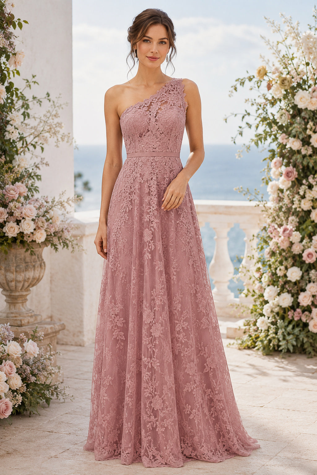 Dusty Rose One-Shoulder Lace A-Line Formal Dress with Floral Applique and Floor Length Skirt front view