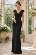 Black V-Neck Cap Sleeve Sheath Mother Dress with Side Ruching front view