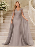 Silver Luxury Floor-Length Trumpet Mother of the Bride Beaded Gown with V-Neck Illusion Bodice Full Chiffon Cape and Sweep Tr