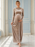Taupe Maternity Elegant Cowl Neck Long Sleeve Velvet Empire Floor-Length Dress front view