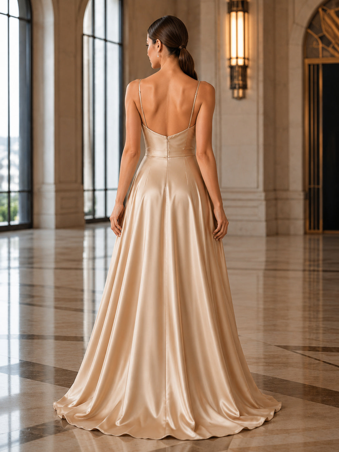 Champagne spaghetti strap satin A-line prom gown with drape back view