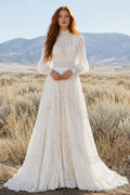 Ivory High Neck Long Sleeve Chiffon A-Line Wedding Dress for Wedding Ceremony and Reception front view