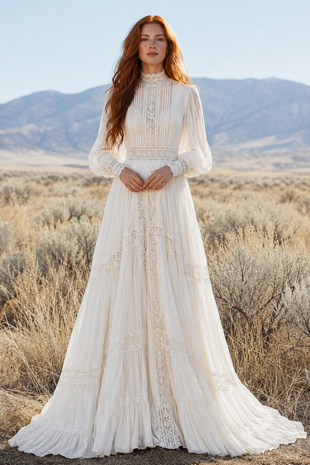 Ivory High Neck Long Sleeve Chiffon A-Line Wedding Dress for Wedding Ceremony and Reception front view