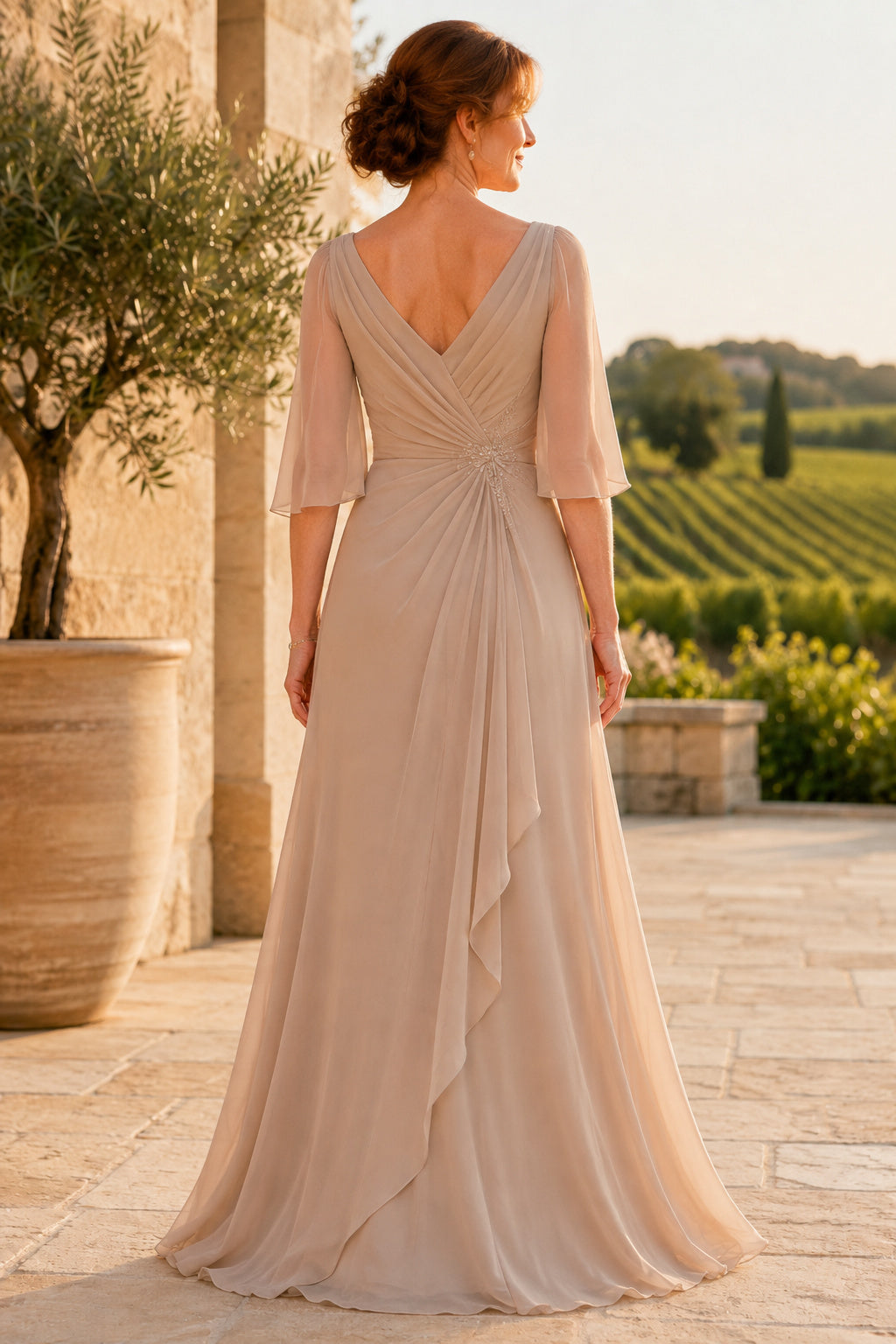 Champagne Cowl Neck A-Line Mother Dress with Flutter Sleeves and Cascading Ruffle back view