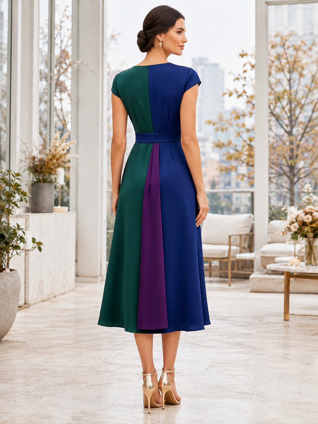 Jewel Tone V Neck Cap Sleeve High Low Guest Dress back view