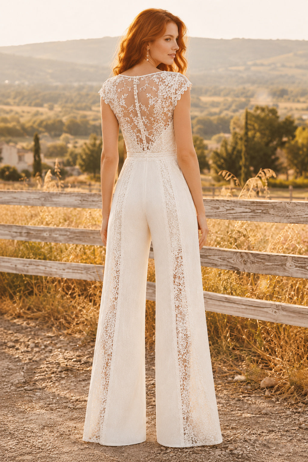 Ivory Illusion Jewel Neck Cap Sleeve Lace Satin Floor-Length Bridal Jumpsuit with Lace Side Panels and Cap Sleeve Bodice back