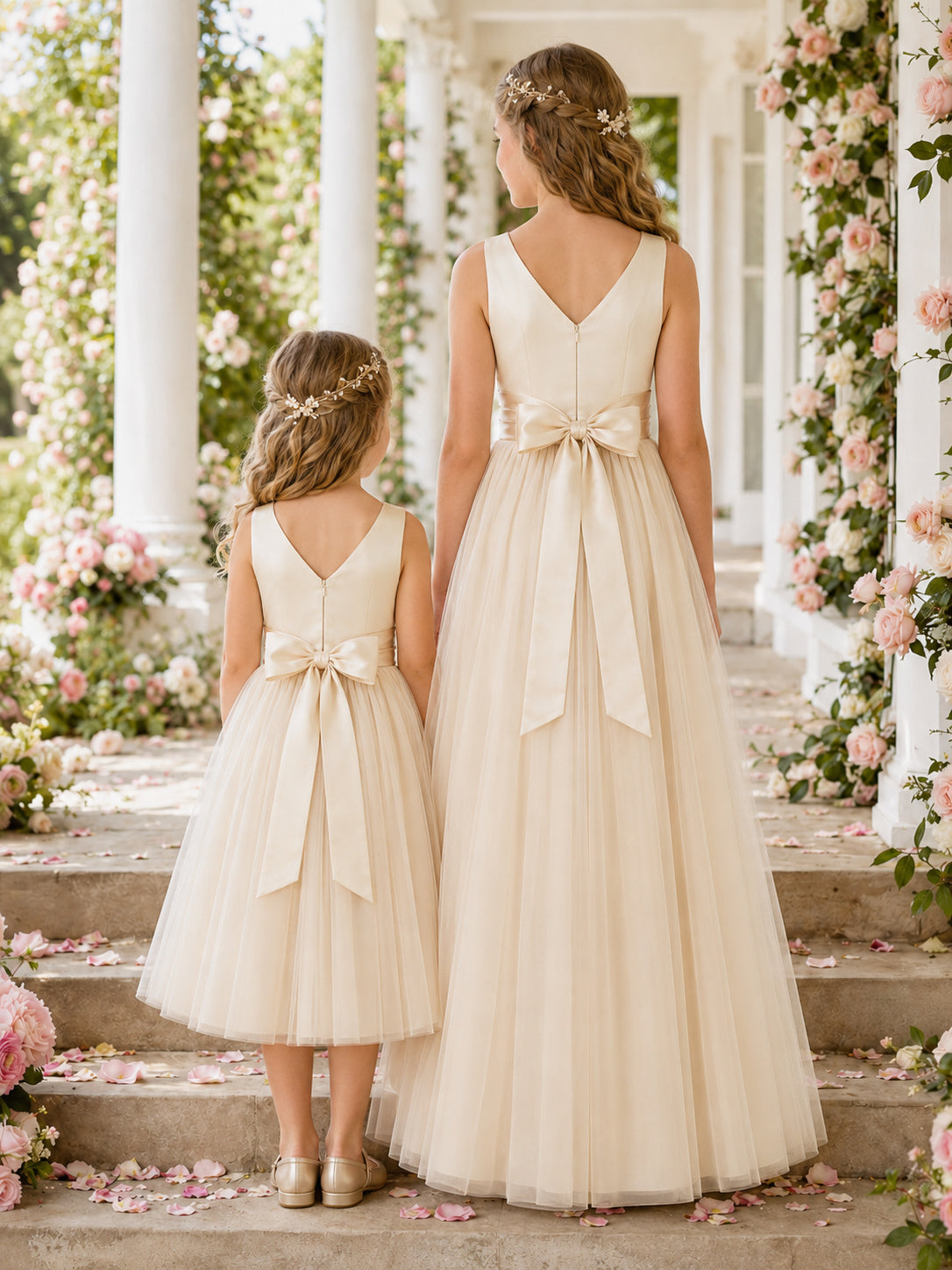 Matching Flower Girl Junior Bridesmaid Dress A-Line Cream Tulle Sleeveless Bow back view