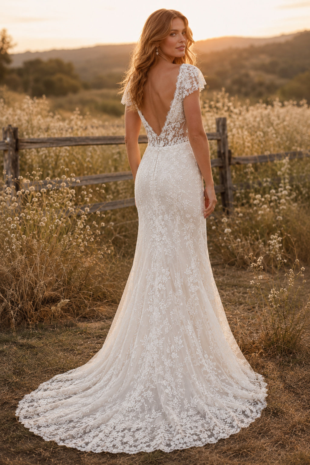 Ivory Sexy V-Neck Mermaid Allover Lace Wedding Dress with Cap Lace Sleeves and Sweep Train back view