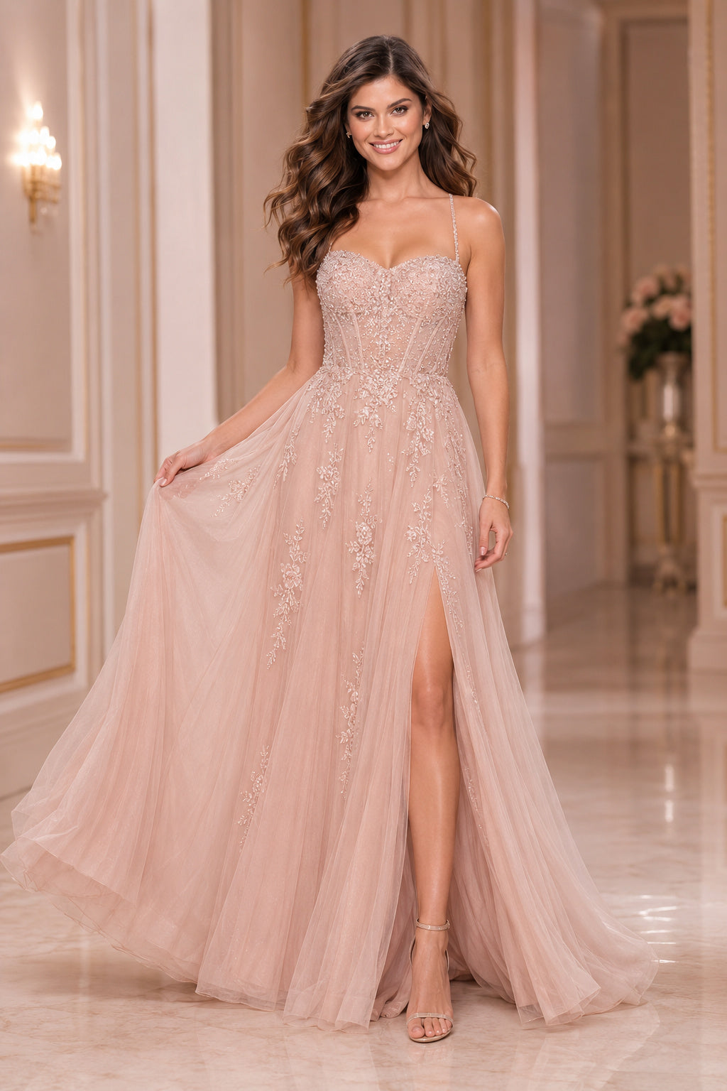 Blushing Pink Glitter Tulle A-Line Formal Dress with Sweetheart Bodice and Slit front view