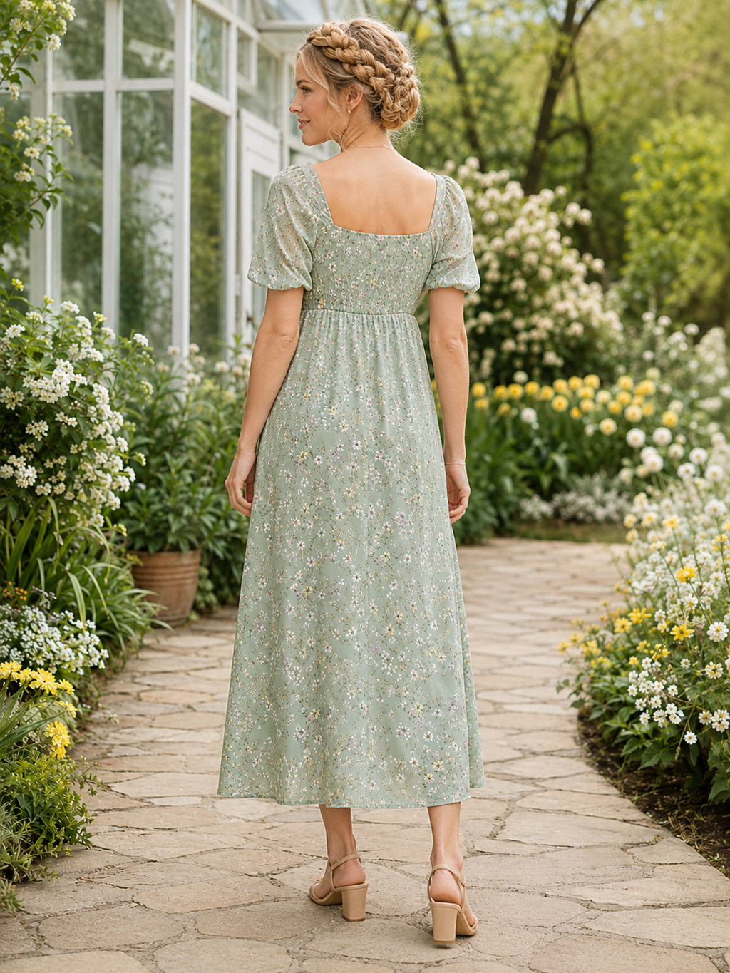 Sage Floral Square Neck Petite Maternity Midi Dress back view