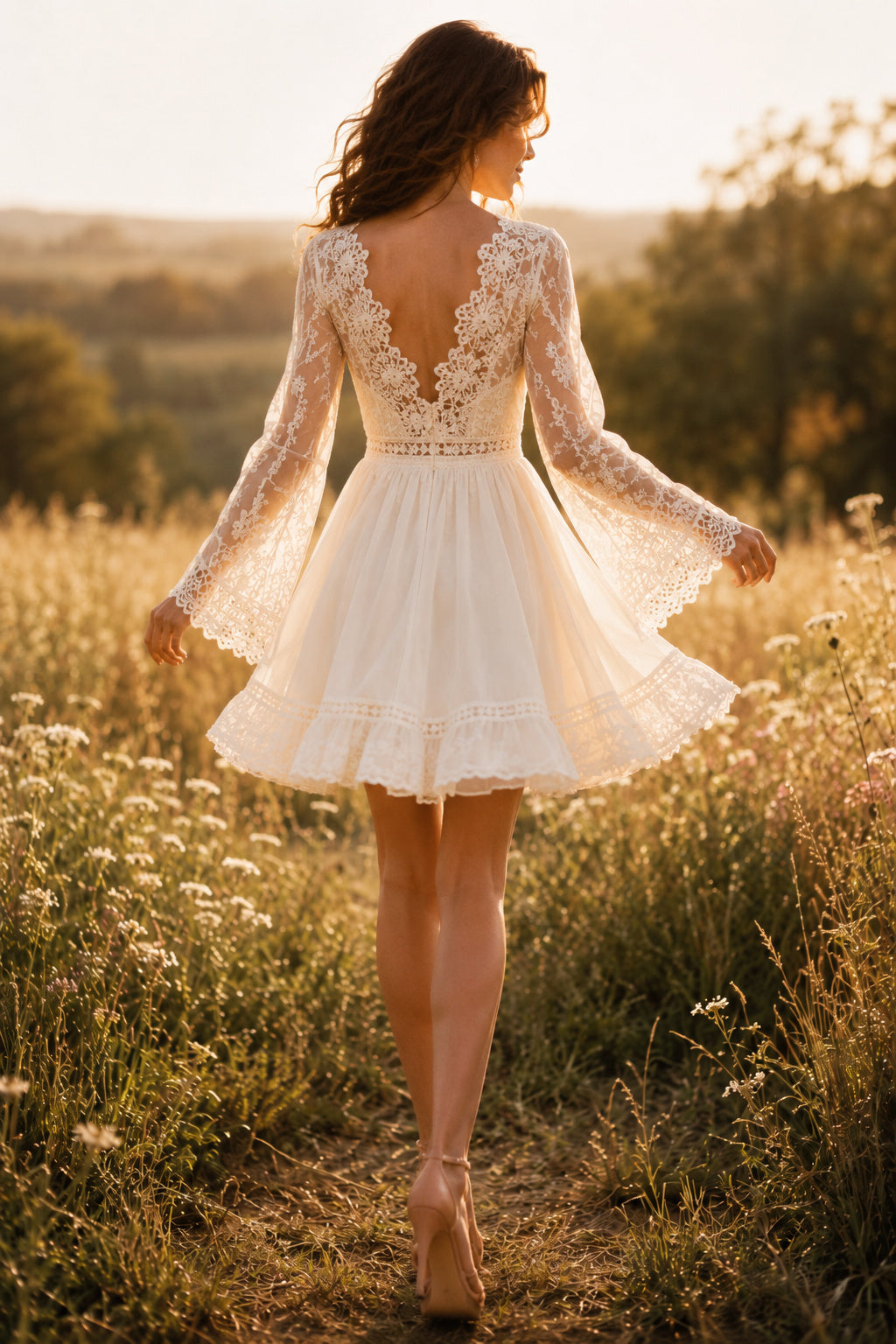 Ivory V-Neck Lace Mini Wedding Dress with Long Sleeves and Soft Tulle Skirt for Country Reception back view