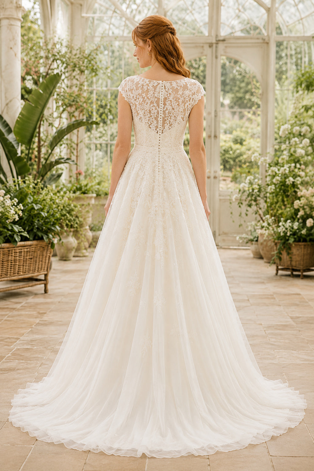 Bateau Cap Sleeve A-Line Wedding Dress with Lace Bodice and Soft Tulle Train for Beach Garden Ceremony back view