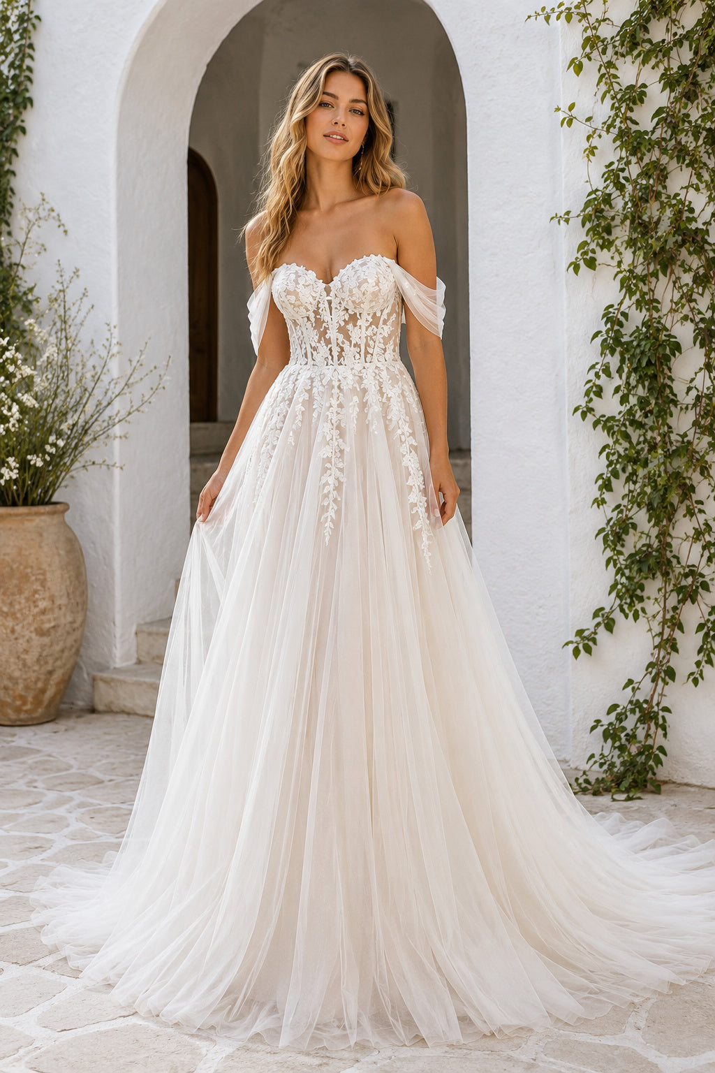 Ivory Off-the-Shoulder Floral Lace A-Line Wedding Dress with Soft Tulle Skirt front view