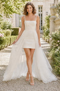 Spaghetti Strap Short Wedding Dress with Tulle Detachable Train front view