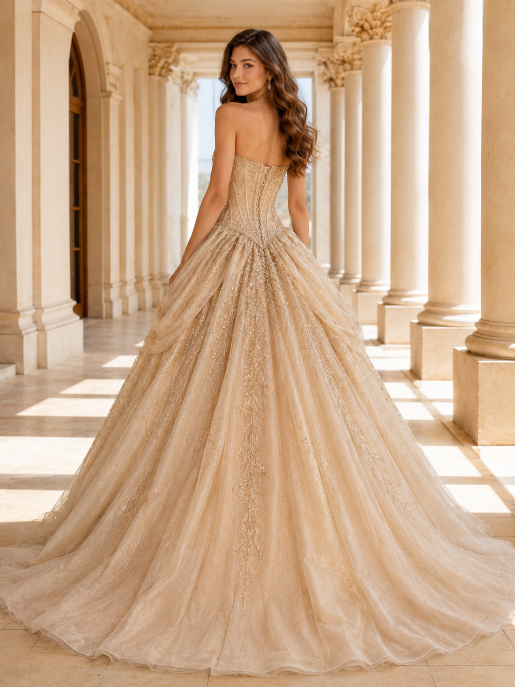 Champagne Luxury Strapless Sweetheart Drop Waist Draped Glitter Sweet Sixteen Ball Gown back view