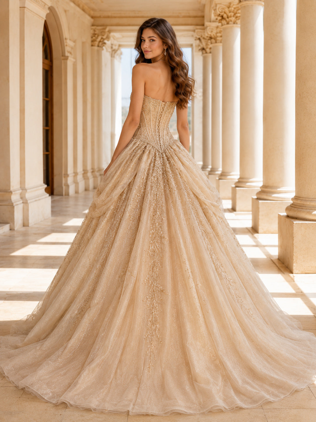 Champagne Luxury Strapless Sweetheart Drop Waist Draped Glitter Sweet Sixteen Ball Gown back view