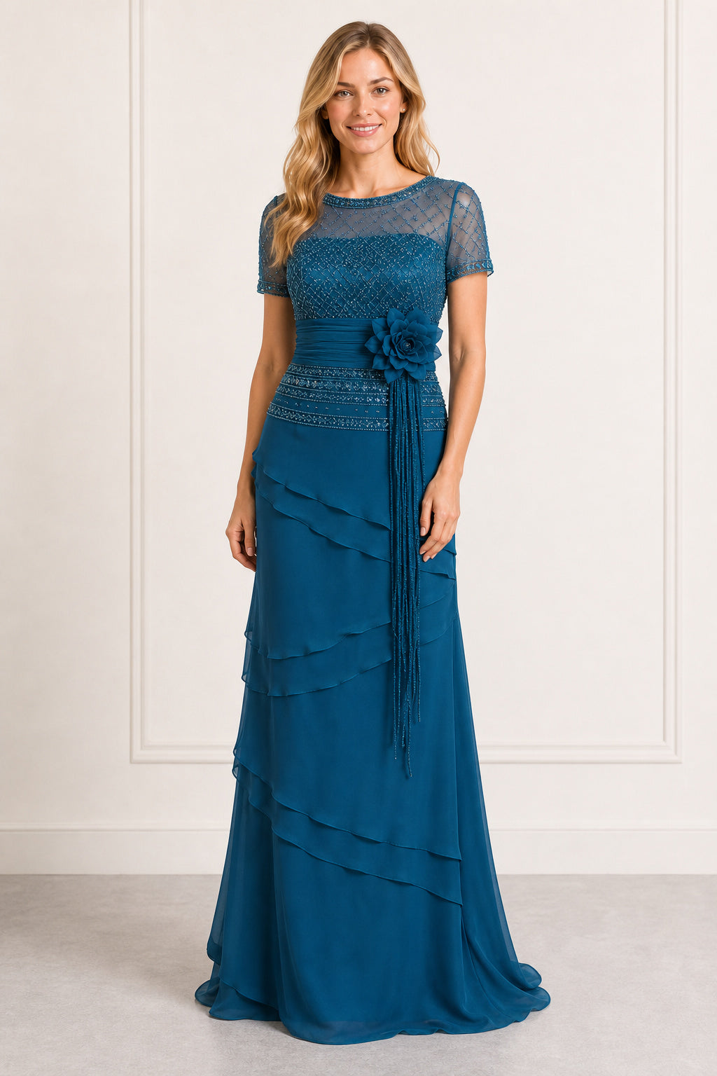 Teal Bateau Short Sleeve Sheath Chiffon Floor-Length Dress With Tiered Skirt