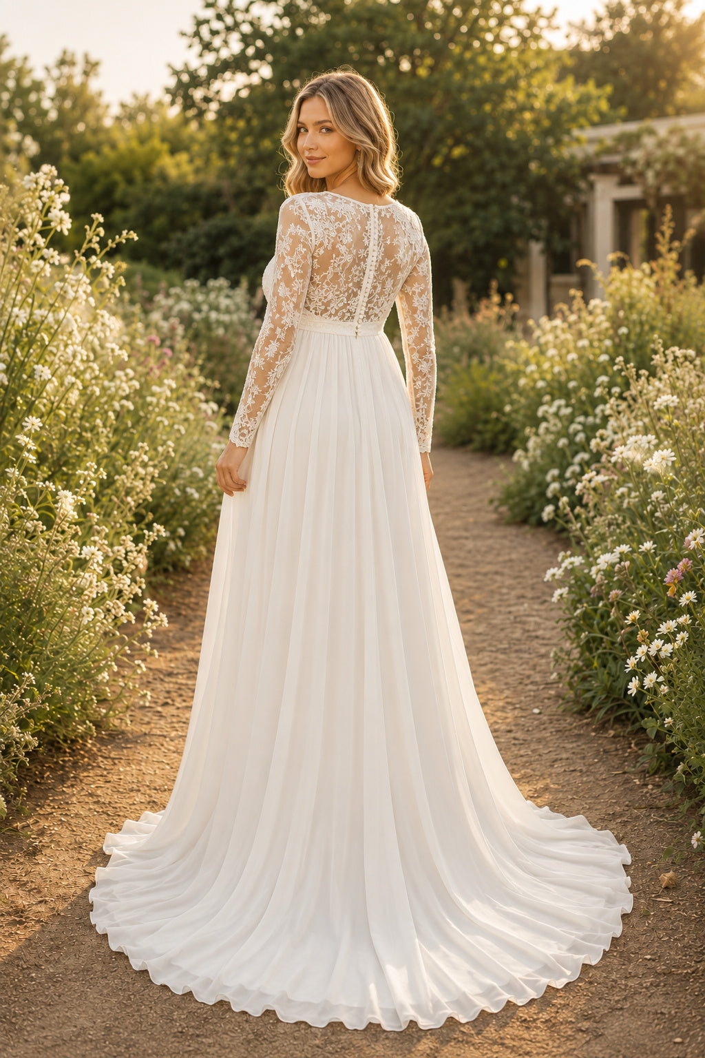 Ivory Maternity Jewel Neck Long Sleeve Lace A-Line Wedding Dress with Chiffon Skirt back view