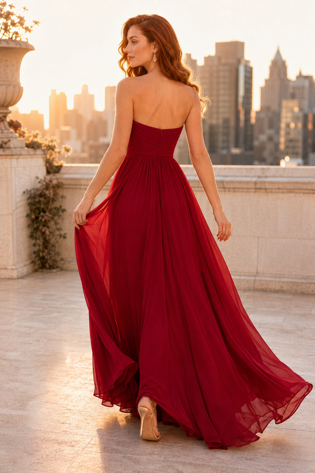 Burgundy Strapless Burgundy Chiffon A Line Dress with Side Slit Floor Length A Line Bridesmaid Dress back view