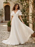 Beach Satin Chiffon Wedding Dress A-Line V-Neck Sleeveless Sweep Train Bridal Gown front view