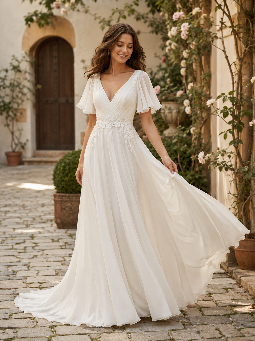 Beach Satin Chiffon Wedding Dress A-Line V-Neck Sleeveless Sweep Train Bridal Gown front view