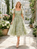 Sage floral puff sleeve organza tea length garden dress front view
