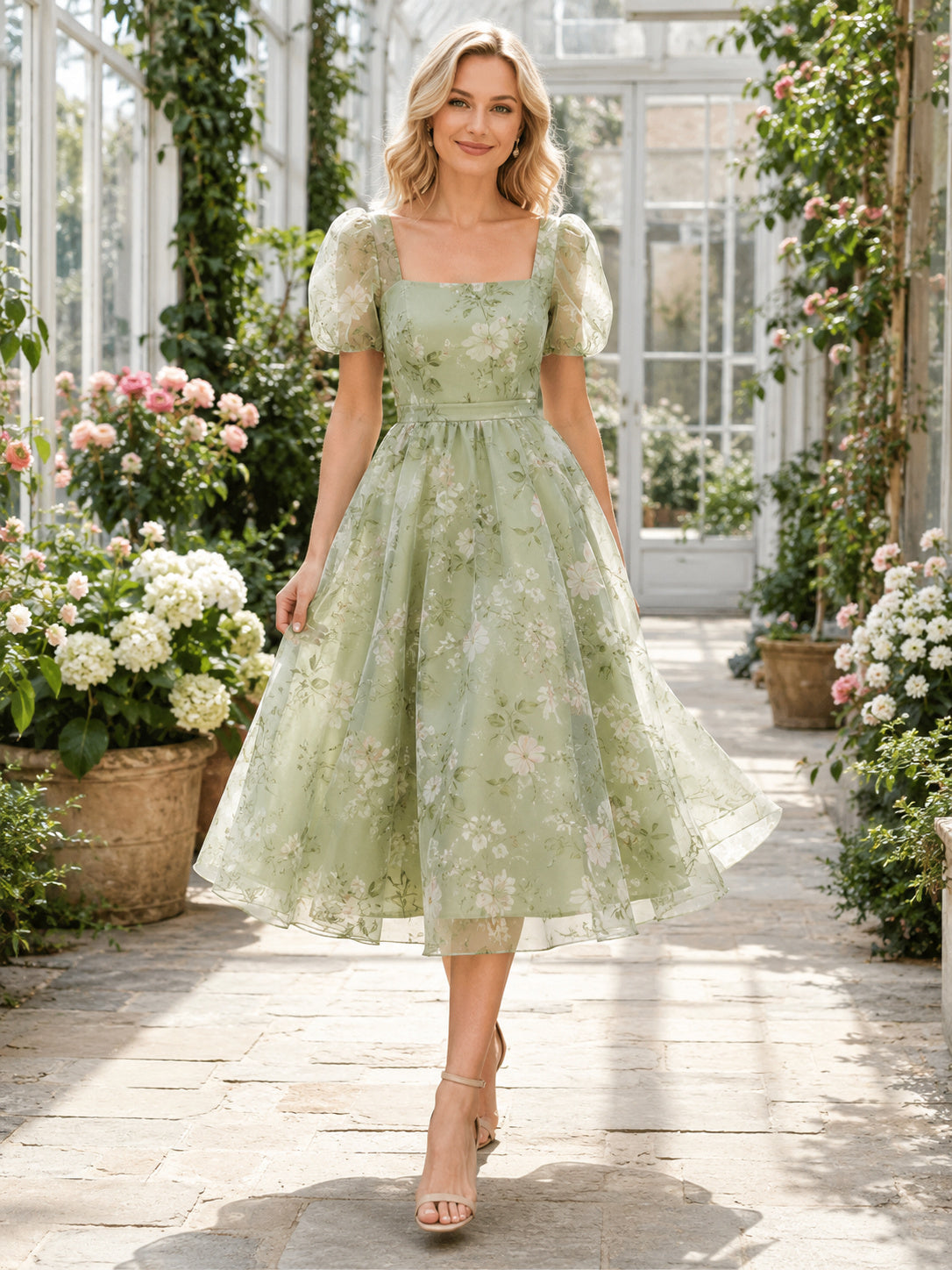 Sage floral puff sleeve organza tea length garden dress front view
