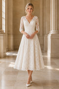 Ivory V-Neck Three-Quarter Sleeve Lace Tea-Length Wedding Dress with Three-Quarter Lace Sleeves and Scalloped Hem front view