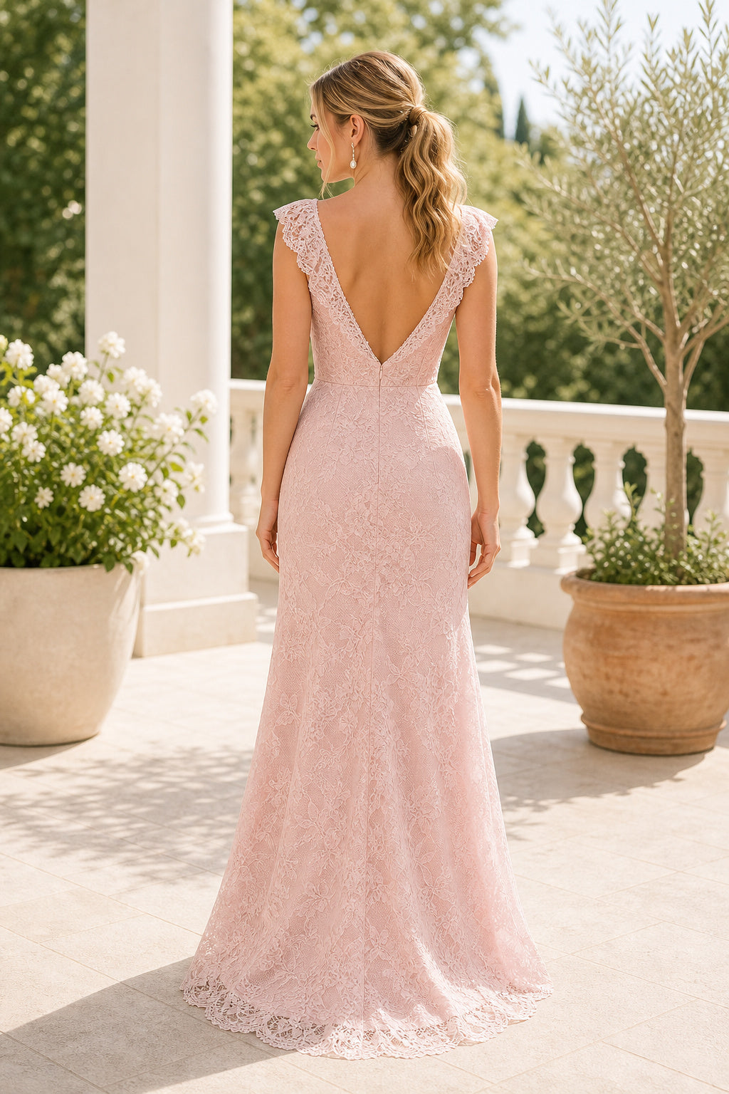 Blush V-neck Sheath Lace Floor-length Formal Dress With Lace and Open Back