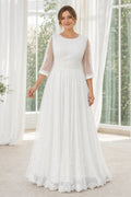 White Off-the-shoulder Flutter Sleeves A-Line Satin Floor-length Wedding Dress With Layered Skirt and Beaded Bodice and Open Back